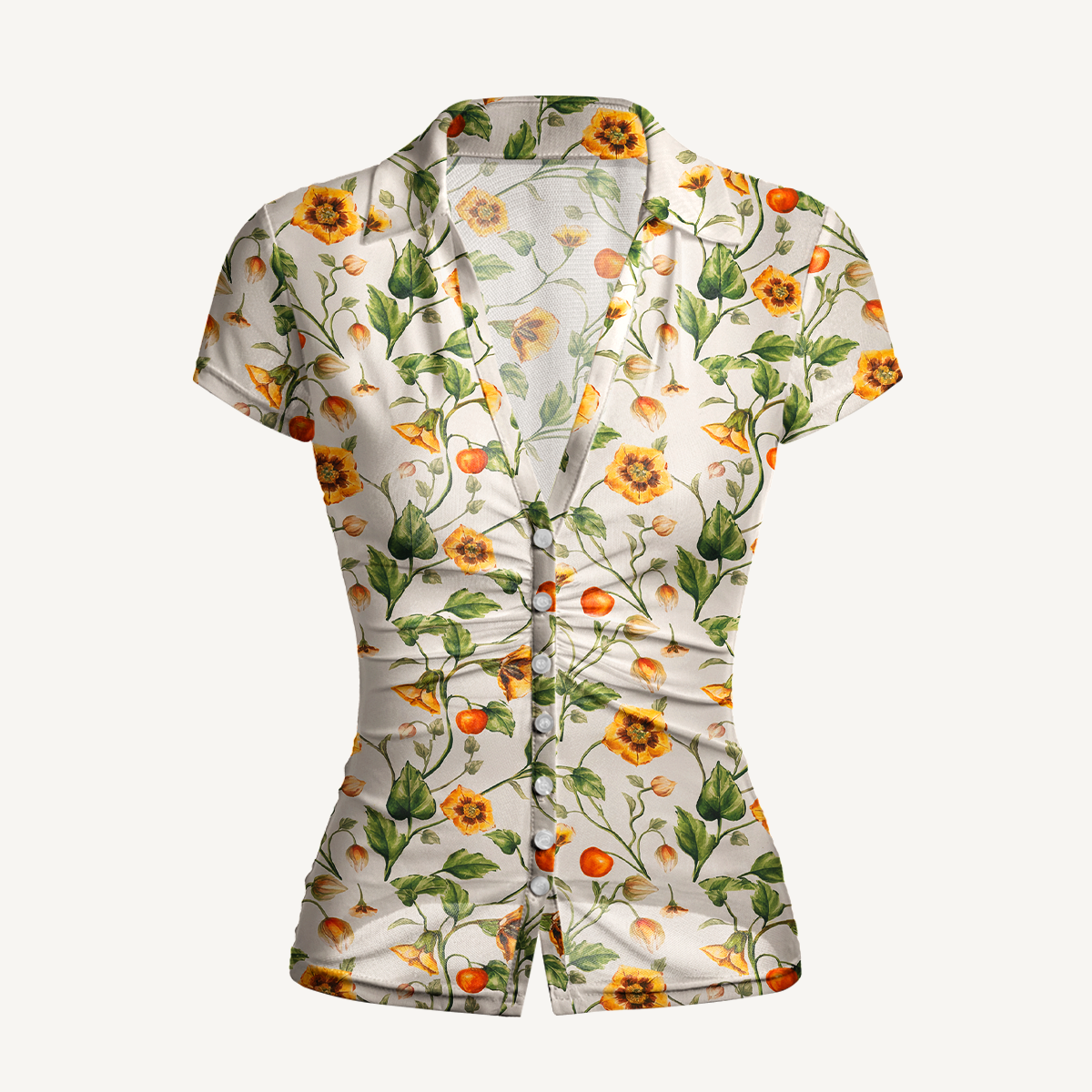 V-Neck Short Sleeve Golden Field Print Mesh Top