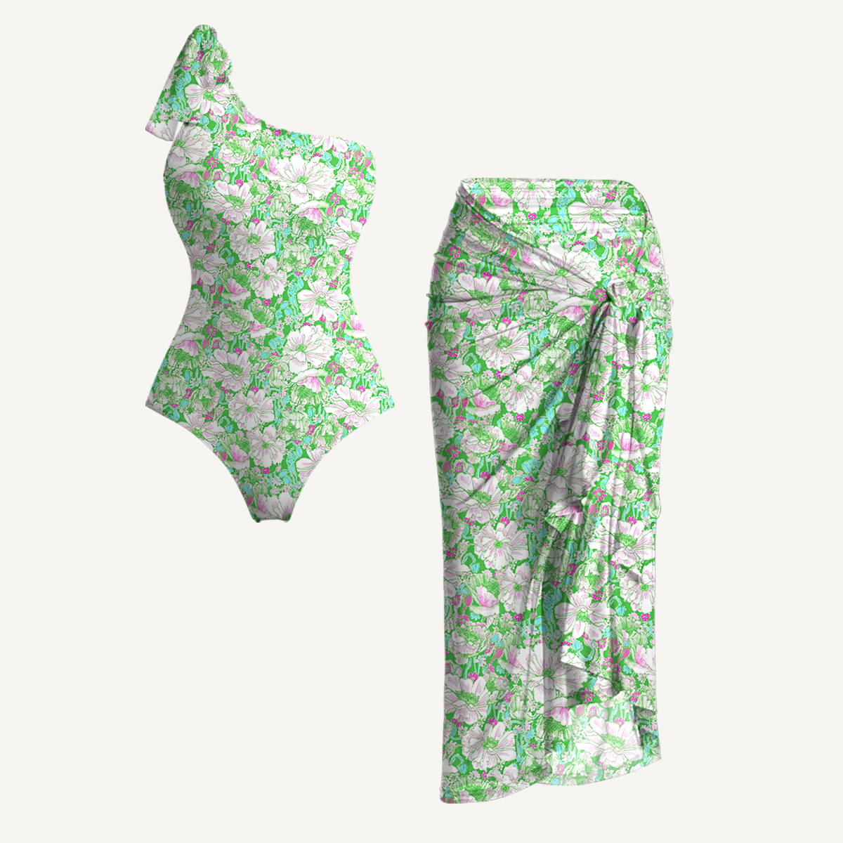 Mint Garden One Shoulder One Piece Swimsuit and Matching Sarong Set for Women