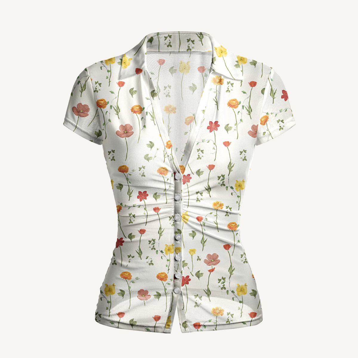 V-Neck Short Sleeve Wildlight Meadow Print Mesh Top