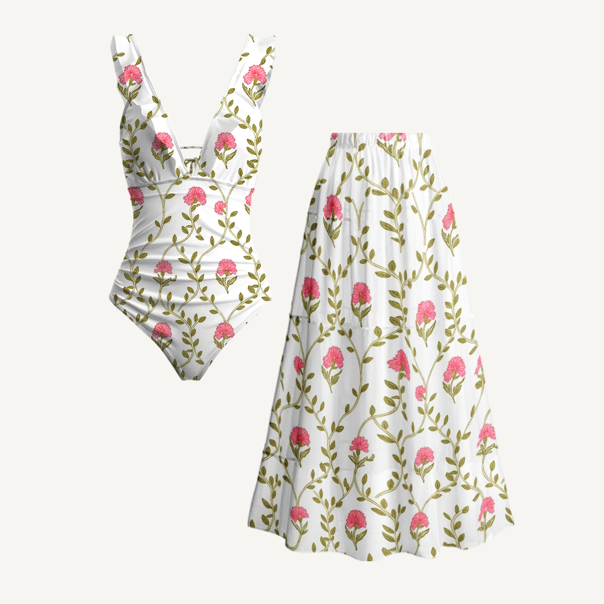 Clover Vine Whisper Ruffled V Neck One Piece Swimsuit and Matching Midi Skirt Set
