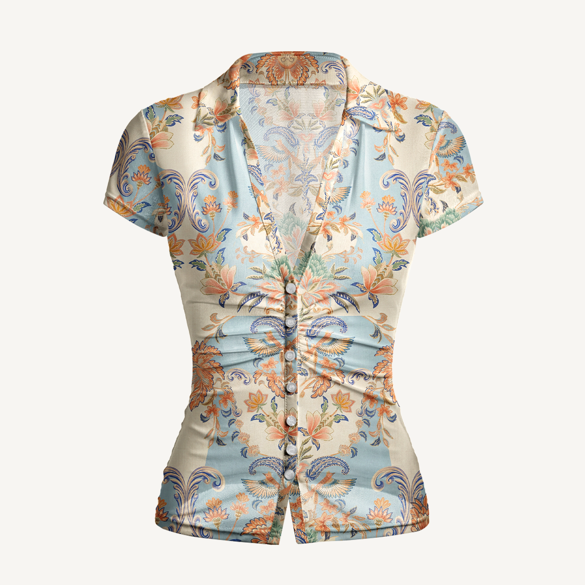 V-Neck Short Sleeve Azure Lily Palace Print Mesh Top