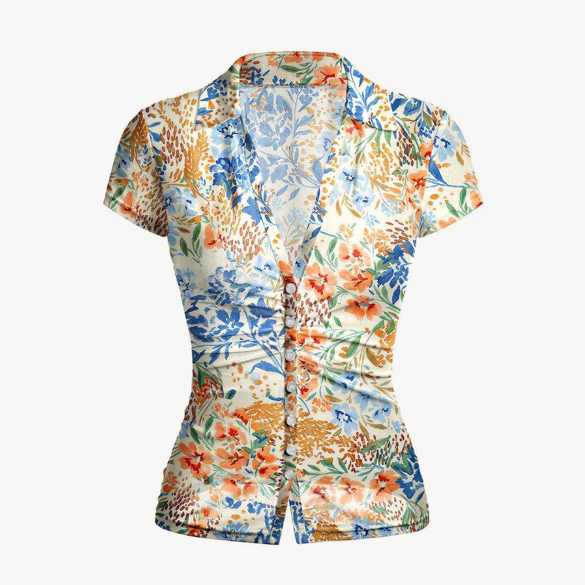 V-Neck Short Sleeve Breeze Meadow Print Mesh Top