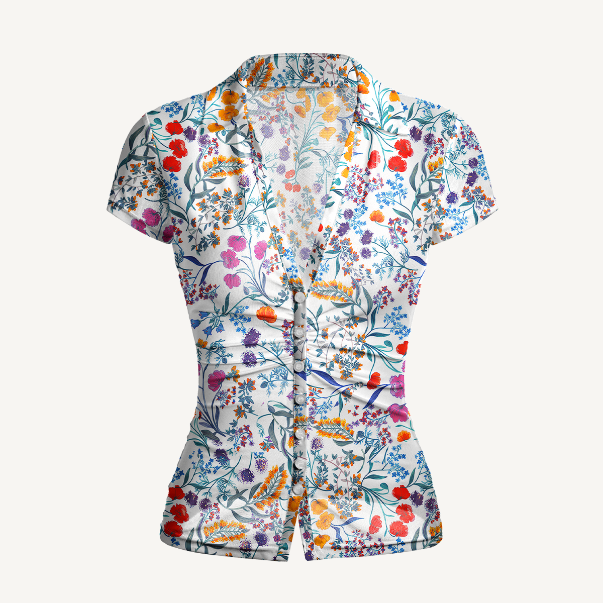 V-Neck Short Sleeve Fiery Meadow Print Mesh Top