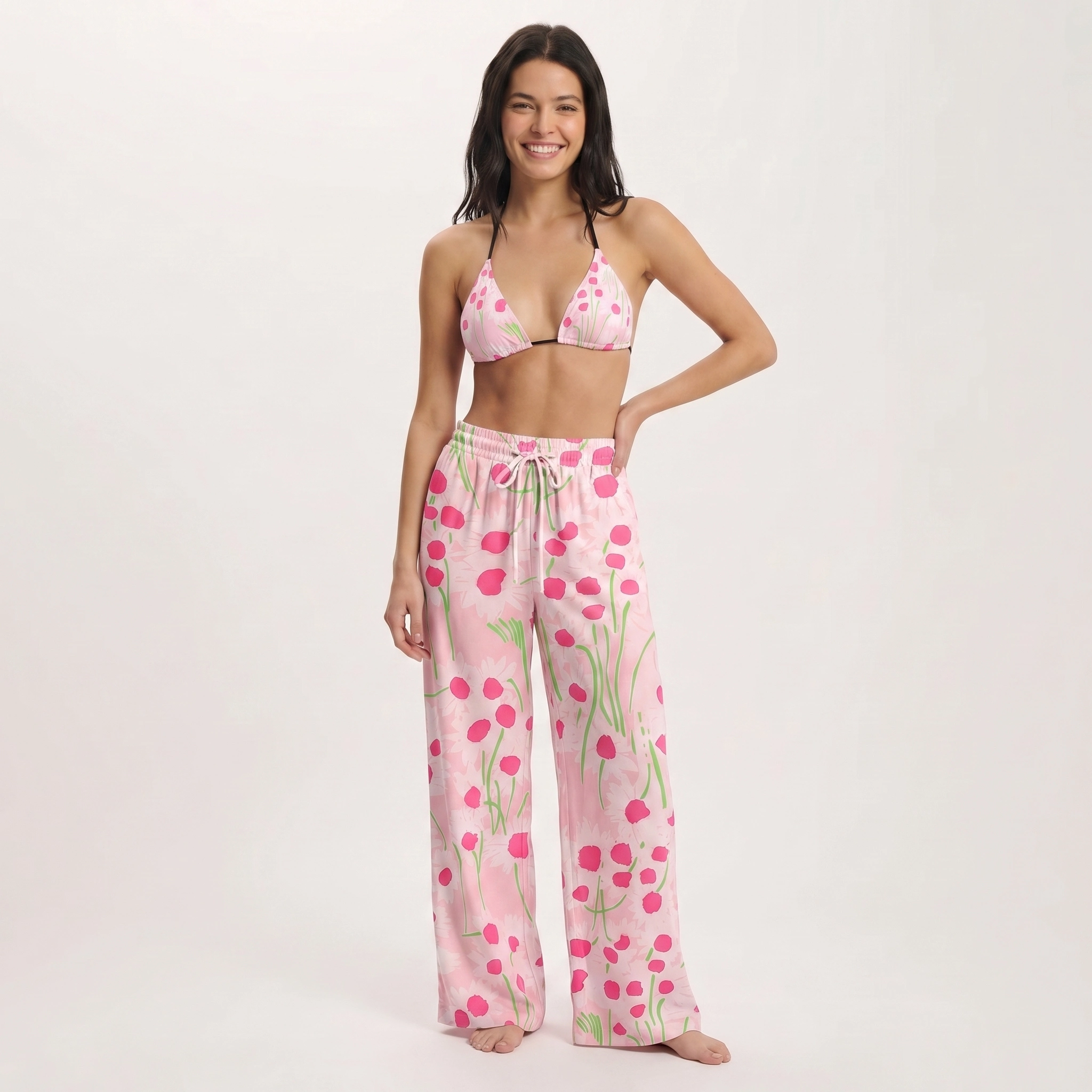 Pink Daisy Tie Side Bikini Set with Matching Pants
