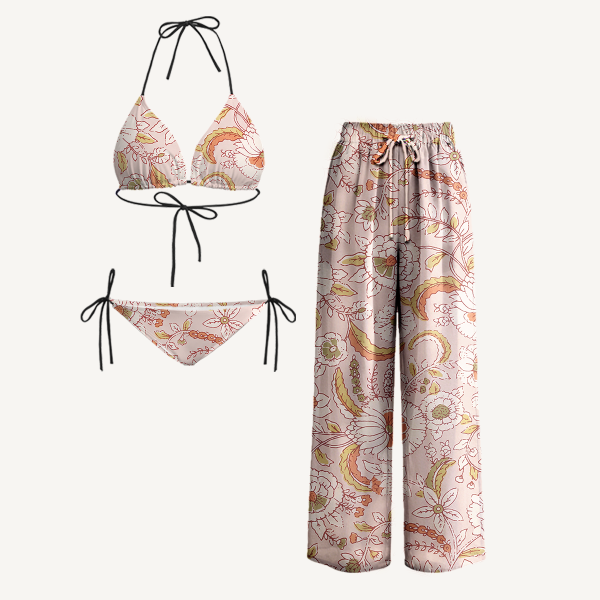 Dusty Bloom Whisper Tie Side Bikini Set with Matching Pants