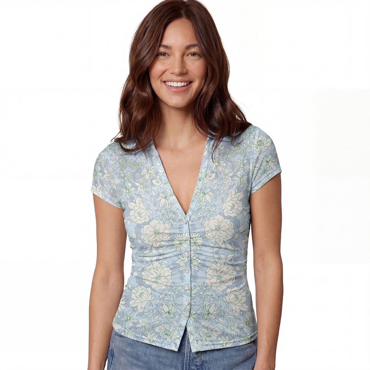 V-Neck Short Sleeve Mist Floral Print Mesh Top