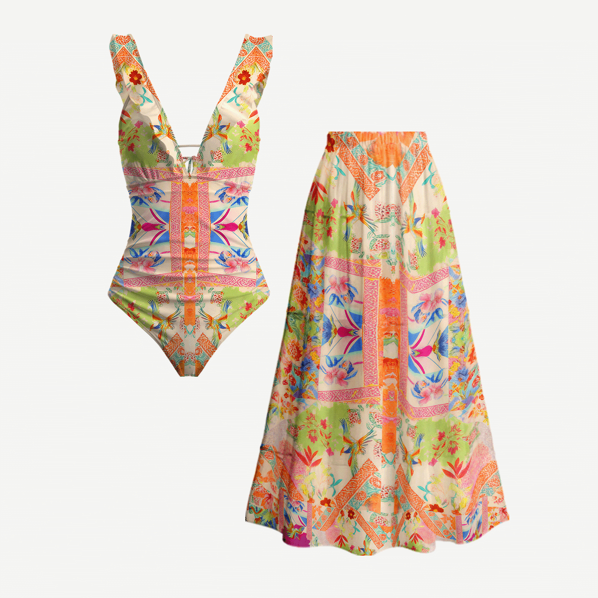 Vivid Lily Ruffled V Neck One Piece Swimsuit and Matching Midi Skirt Set